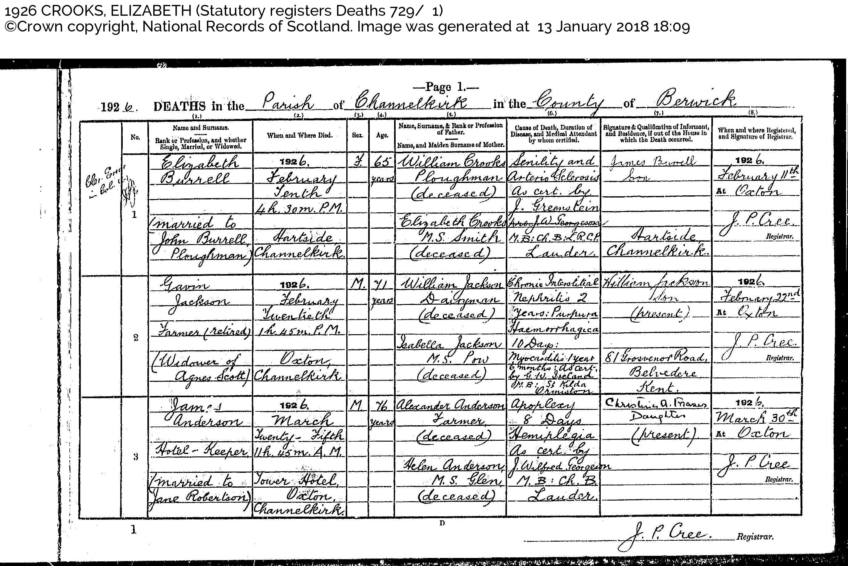 ElizabethCrooks(Burrell)_D1926 Channelkirk, February 10, 1926, Linked To: <a href='profiles/i489.html' >John Burrell 🧬</a> and <a href='profiles/i31.html' >Elizabeth Crooks</a>
